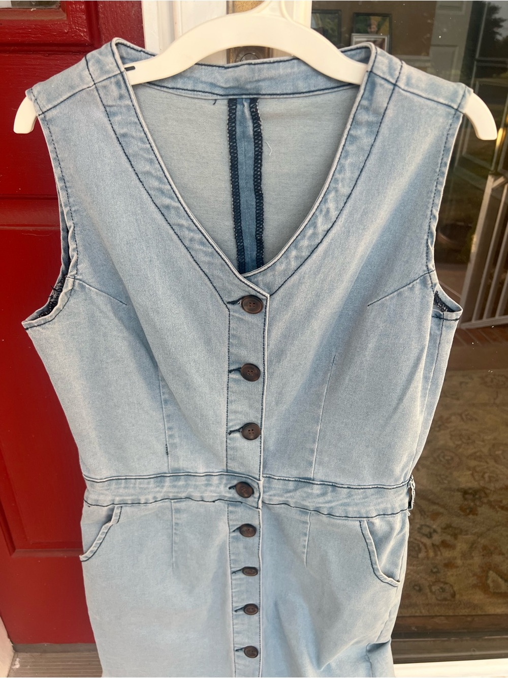 Light Wash Denim Button-Front Sleeveless Mini Dress - Picture 4 of 10